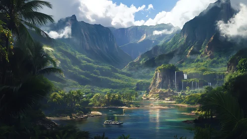 Mountainous tropical valley with architectural ruins and waterway.