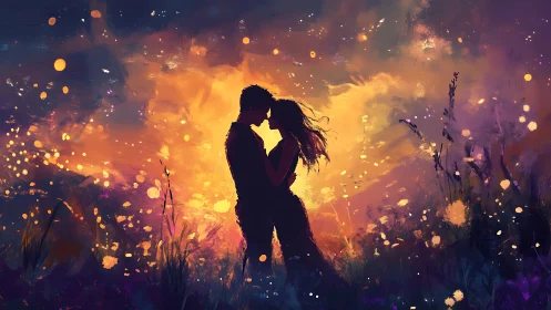 Silhouetted Couple Embracing in Golden Firefly Light