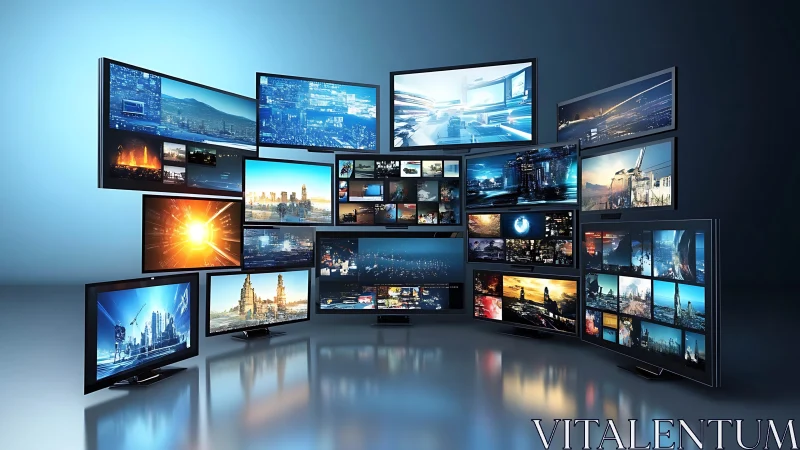 Curved wall of digital displays with cinematic cityscapes.