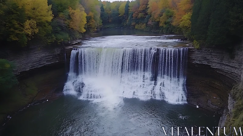 Broad curtain waterfall framed by dense autumn forest