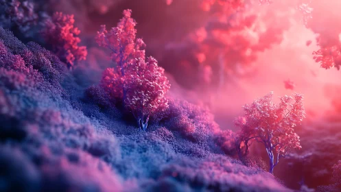 Frost-Laden Forest Slopes Bathed in Magenta Twilight Glow.