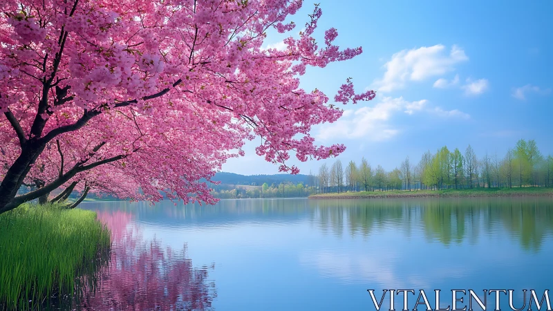 Cherry blossoms arch over reflective spring lakeside panorama.