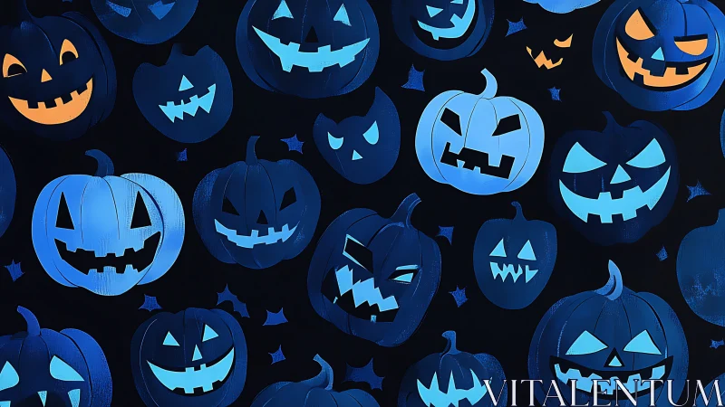 Blue jack o lantern pattern on dark Halloween background.