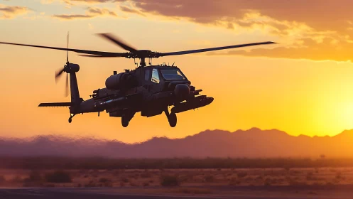 Attack helicopter silhouette in desert dusk flight profile.