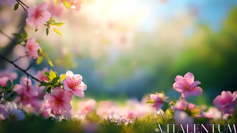 Pink Cherry Blossoms Frame a Serene Garden Landscape