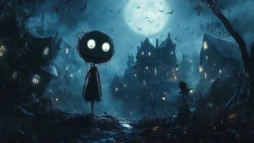 Stick figure scarecrow stands before eerie moonlit village