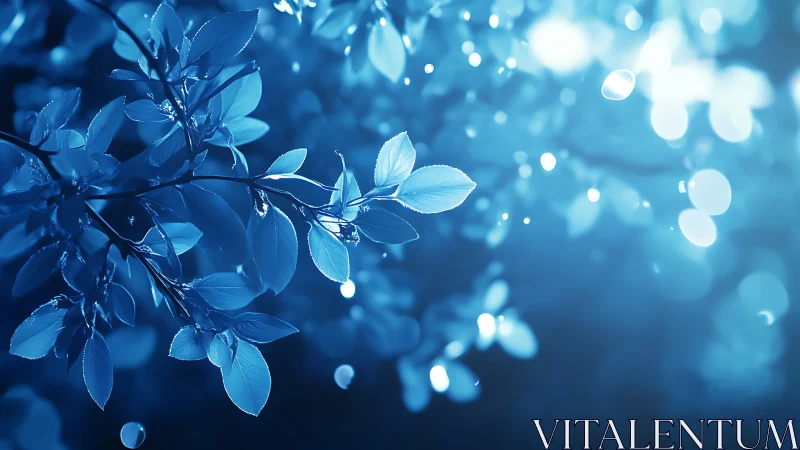 Moonlit blue leaves shimmer gently in a dreamy forest haze