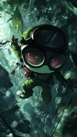 Tiny forest explorer with oversized visor helmet ascends