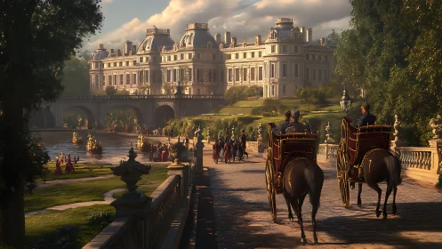 Grand riverside palace with carriages at golden hour.