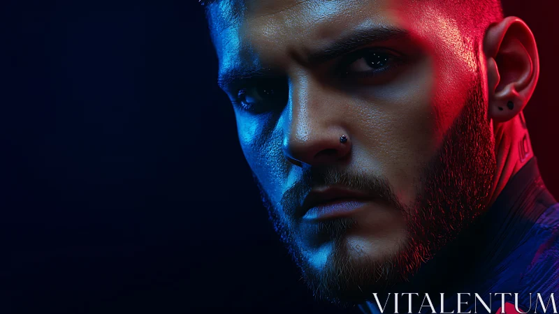 Intense cyber-lit male portrait captures fierce, focused gaze