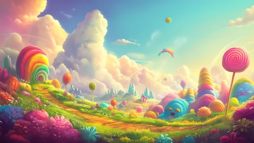 Surreal candy landscape with rainbow structures and giant lollipops