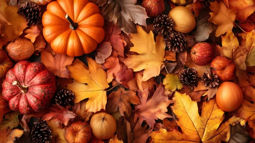 Pumpkins, leaves, apples, and pinecones form an autumn surface