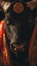 Bull head framed by ornate red and gold ceremonial cloth