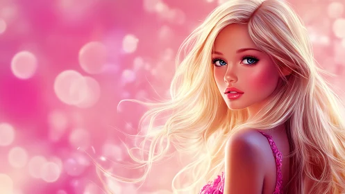 Blonde digital portrait with pink bokeh and luminous gradients.