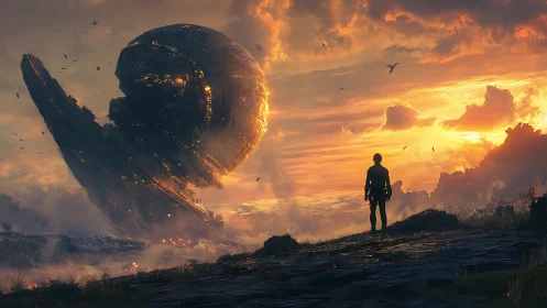 Silhouetted explorer observing crashed alien megastructure at dusk