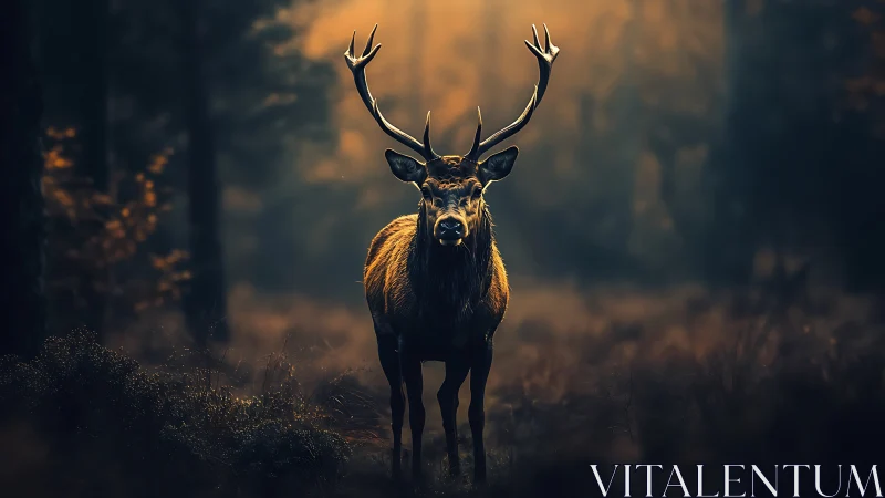 Majestic stag standing in moody backlit forest scene.
