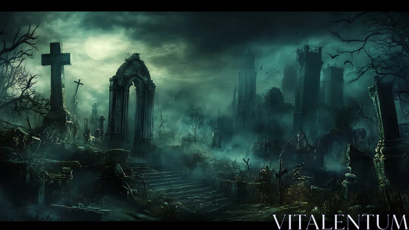 Moonlit graveyard breathes mist over ruined gothic spires