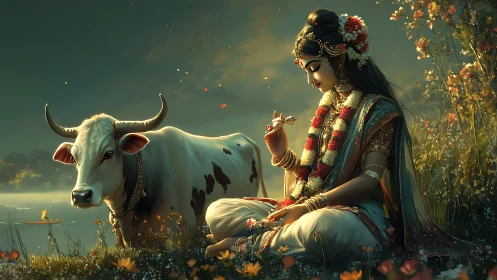Divine maiden with sacred cow in cinematic golden-hour light