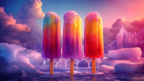 Three vertical popsicles stand within a synthetic icy seascape