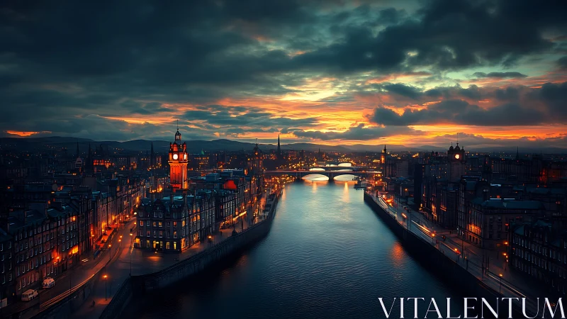 Moody river cityscape under cinematic twilight skies.