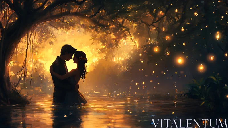 Two figures in water beneath illuminated trees at dusk