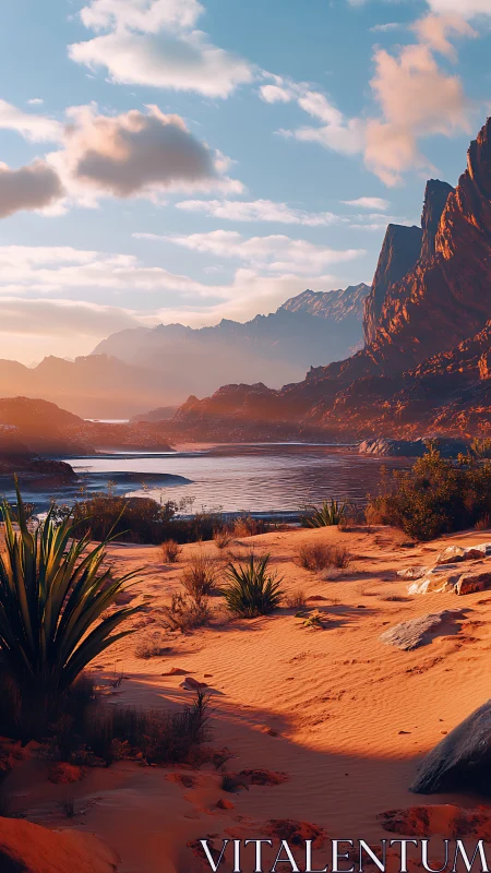 Crimson desert shoreline lounges beneath cool alpine skies