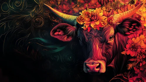 Floral crowned bull emerges from luminous abstract darkness