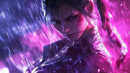 Female figure in rain with magenta and blue lighting.
