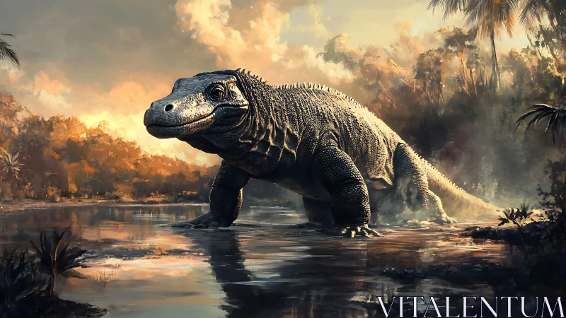 Primeval reptile strides through glowing swamp at dusk.