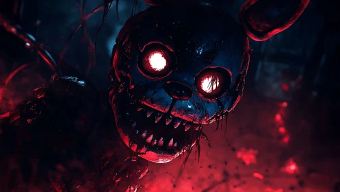 Grotesque animatronic rabbit lunges through red fog.