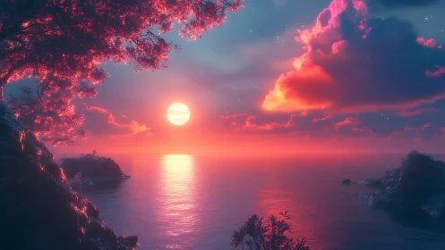 Digital seascape with luminous sun over calm water horizon.