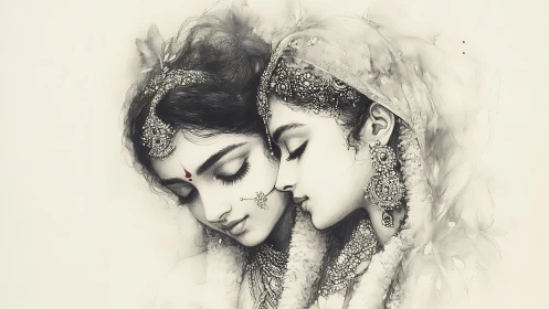 Ethereal Portrait of Two Indian Women in Traditional Attire, Artistic Style.
