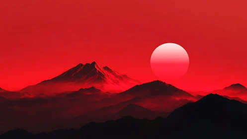 Crimson gradient sun setting behind stylized layered mountain ranges