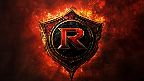 Blazing red R emblem within molten shield insignia.
