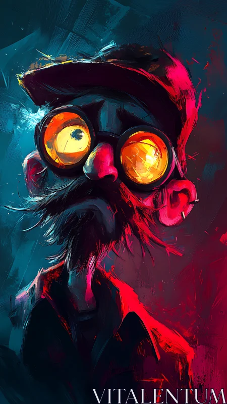 Chromatic bearded observer with glowing optic lenses portrait.