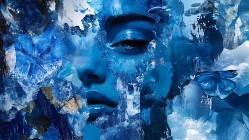 Layered blue portrait merges human face, butterflies and cloud fragments