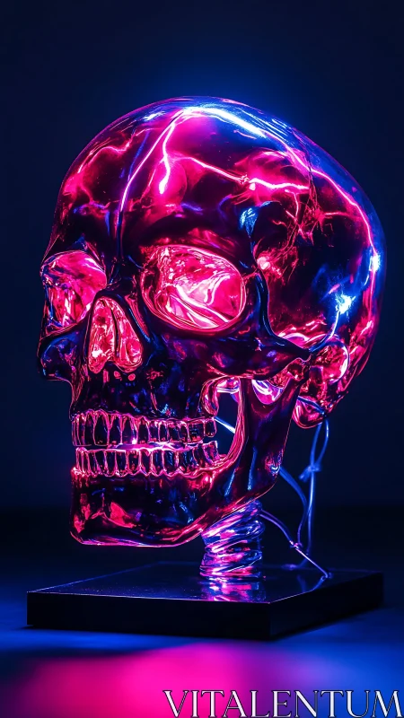 Translucent human skull sculpture under neon rim lighting