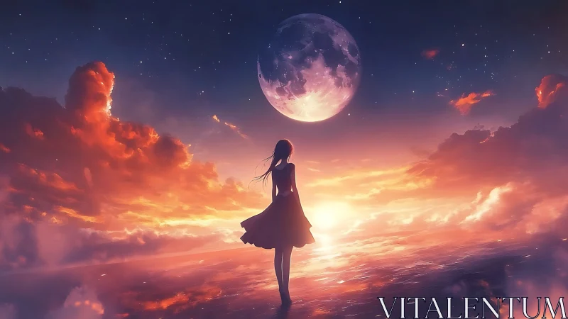 Solitary girl beneath vast moon in blazing dream sky.