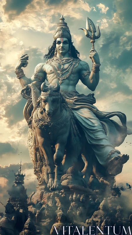 Colossal trident-bearing deity atop mount amid sculpted citadels.