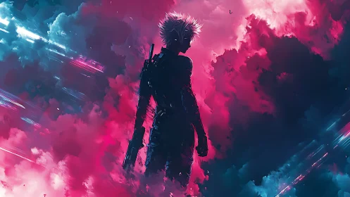 Neon storm crowns a lone cyber warrior with electric dusk