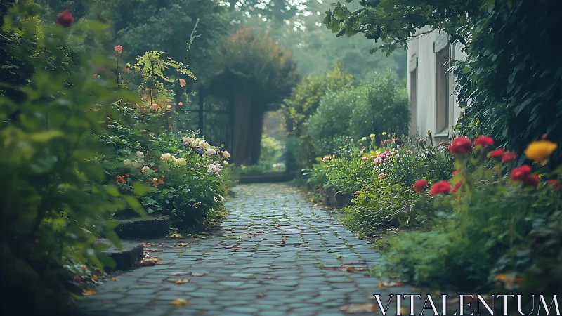 Cobblestone garden path extends between dense flowering borders