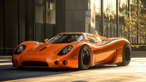 Molten orange supercar lounges in soft urban sunlight