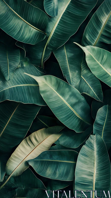 Velvet banana leaves overlap in a deep emerald whisper