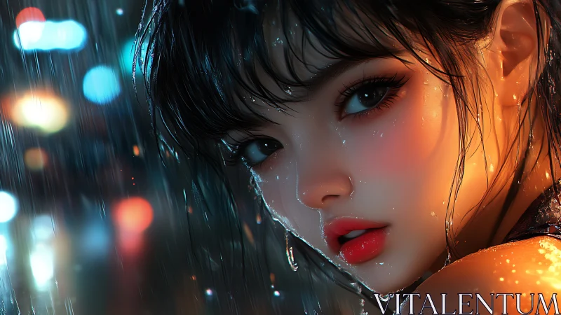 Hyperreal digital portrait of rain soaked woman in neon city