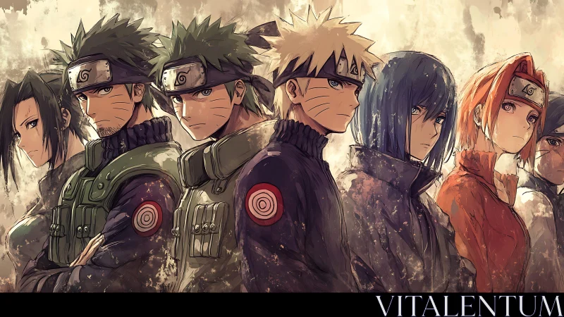 Lineup of stylized shinobi portraits in muted sepia tones.