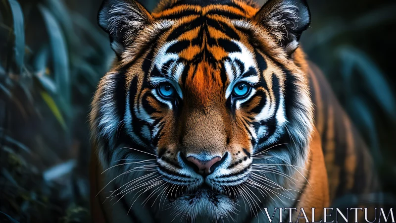 Staring tiger with icy blue eyes in moody jungle light.