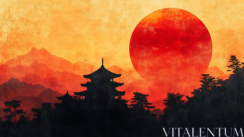 Silhouetted pagoda stands before red sun over layered mountains