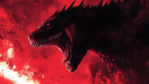 Roaring dragon silhouette tears through a blood red sky