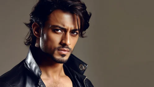 Moody male portrait in leather jacket under soft studio light.