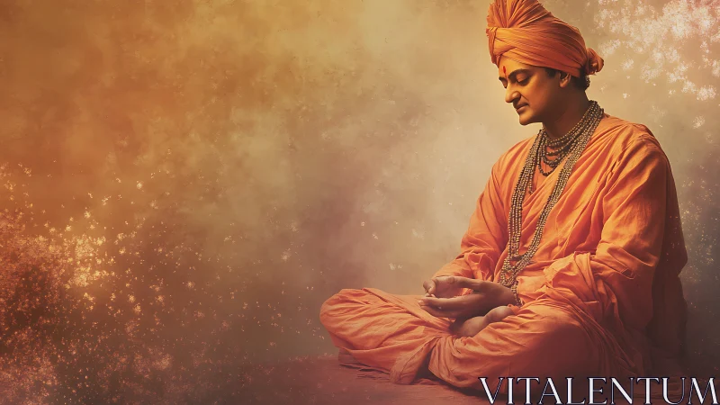 Digital painting of meditative monk in luminous saffron space.